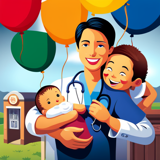 An image of a cheerful pediatrician gently holding a smiling baby, while a colorful and inviting vaccination station with balloons and toys creates a warm and friendly atmosphere in the background