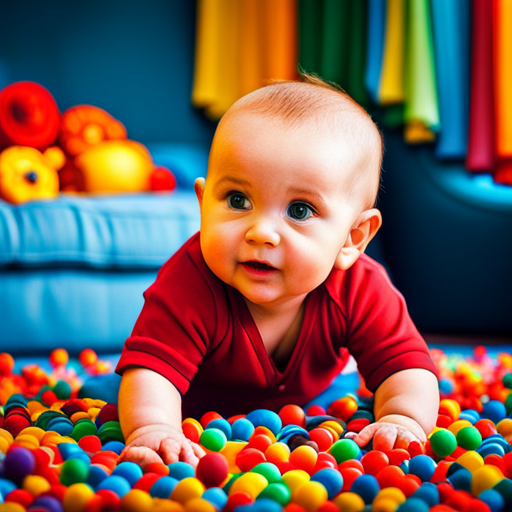 An image capturing the essence of the preverbal stage: a curious baby with wide eyes, reaching out to touch colorful toys scattered on a soft, vibrant rug, surrounded by loving family members engaged in expressive gestures and animated conversations