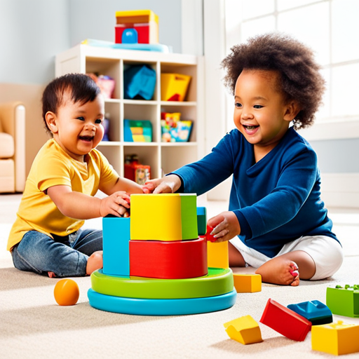 An image depicting a vibrant playroom filled with age-appropriate toys, where a joyful baby confidently crawls towards a stack of blocks, showcasing their developing motor skills