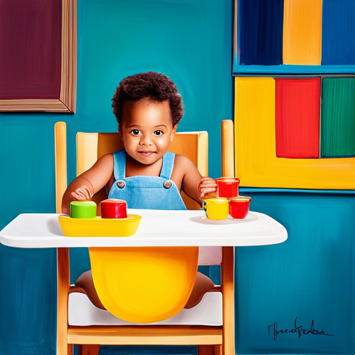 An image showcasing a cheerful baby sitting in a highchair, joyfully finger painting with vibrant, non-toxic colors on a large canvas