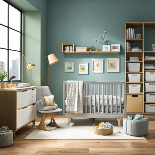 An image depicting a meticulously organized nursery, with a neatly folded stack of fresh diapers, a bottle sterilizer, a cozy crib with a mobile overhead, and a well-stocked diaper bag ready for the day's adventures