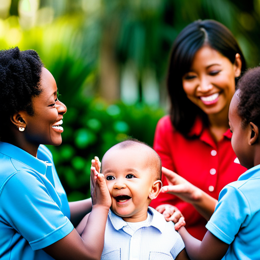 An image of a smiling baby, surrounded by a diverse group of children and adults engaging in interactive play