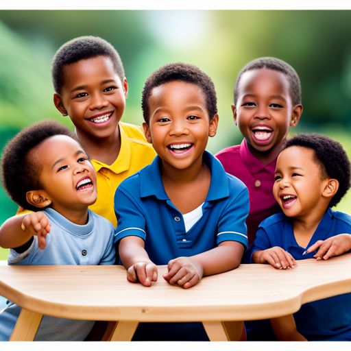 An image showcasing a group of smiling infants engaged in a lively playdate, displaying milestones in social development