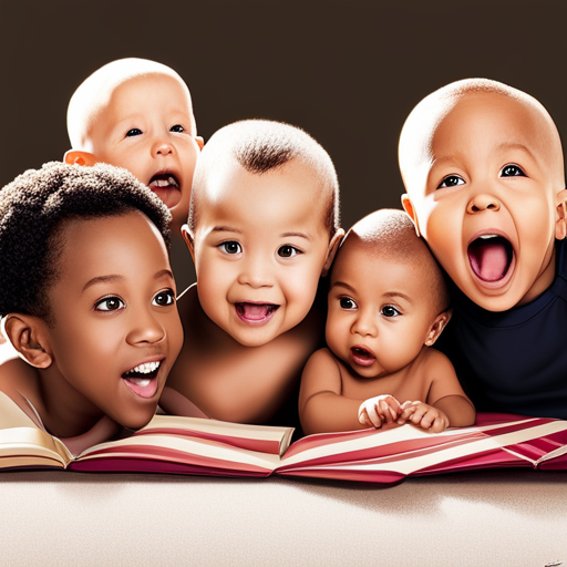 An image showcasing a diverse group of babies engaging in various social interactions: two babies giggling while playing peek-a-boo, others sharing toys, and one observing intently