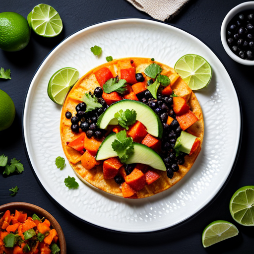 An image of a mouthwatering taco filled with vibrant orange sweet potato cubes, black beans, and colorful toppings