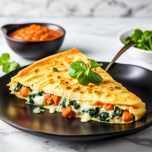 An enticing image of a golden, fluffy omelette filled with vibrant green spinach and chunks of creamy sweet potato