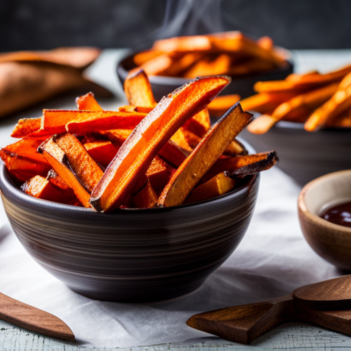  an enticing close-up of golden baked sweet potato fries, glistening with a mouthwatering caramelized glaze