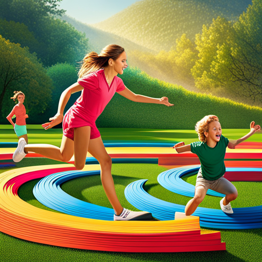 An image of children joyfully racing through a colorful, DIY obstacle course in a lush backyard, with vibrant hula hoops, stepping stones, and a playful balance beam surrounded by blooming flowers and towering trees