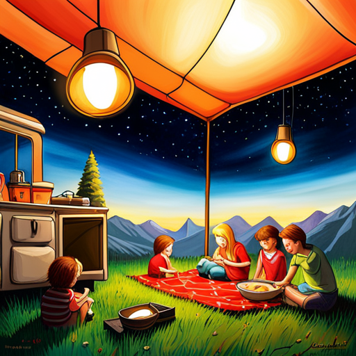 An image showcasing a cozy backyard camping scene: a colorful tent surrounded by flickering lanterns, children roasting marshmallows over a crackling fire, and a starry night sky above, evoking the excitement of a magical backyard camping adventure