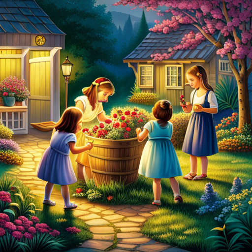 An image of a group of excited children in a lush backyard, armed with magnifying glasses and baskets, eagerly searching for hidden treasures amidst a backdrop of vibrant flowers, towering trees, and a winding stone path