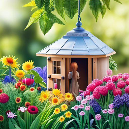 An image showcasing a vibrant backyard with children joyfully exploring, searching for hidden treasures amidst lush greenery, colorful flowers, towering trees, and a charming wooden treasure chest tucked away under a whimsical birdhouse