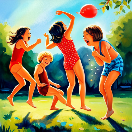 An image showcasing a group of children wearing vibrant swimsuits, gleefully engaged in a water balloon fight in a lush backyard
