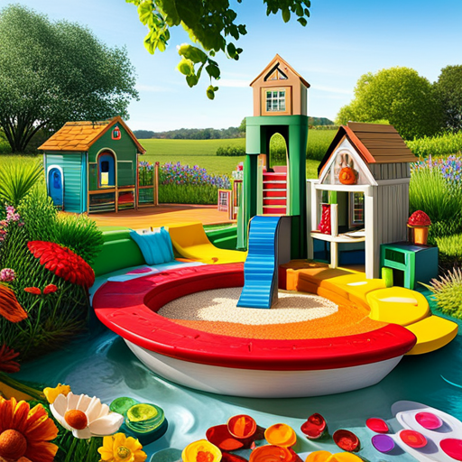 An image of a whimsical backyard sensory play area where vibrant, oversized flowers tower over a bubbling water table, a soft grassy patch invites barefoot exploration, and colorful tactile elements like sand, shells, and feathers engage young imaginations
