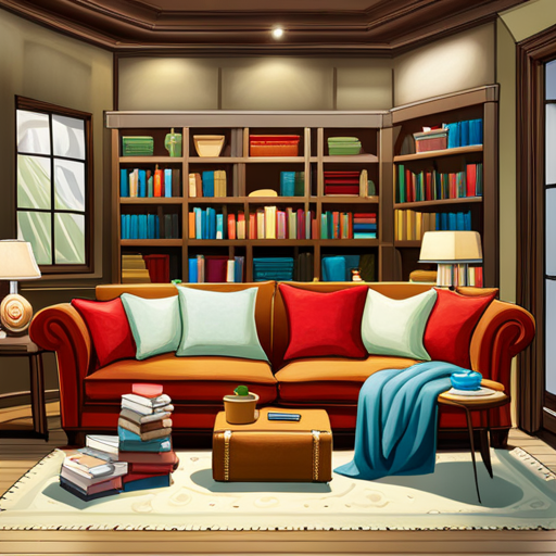 An image capturing the essence of a cozy family book club: a warm, well-lit living room adorned with plush cushions and blankets, where family members of all ages gather around a coffee table stacked with books, engaged in lively discussions and laughter