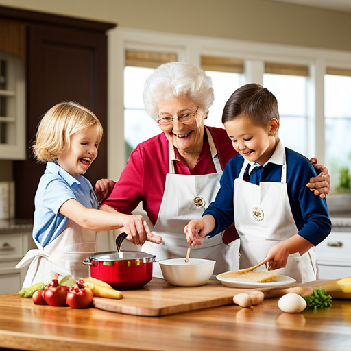 An image capturing an idyllic scene of a multigenerational family joyfully engaged in a cooking and baking session in a sunlit kitchen