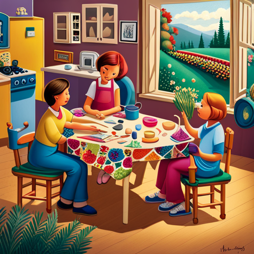  an image showcasing a colorful, bustling kitchen table covered in paintbrushes, glitter, and construction paper, as a family joyfully engages in an arts and crafts project together, their laughter filling the air