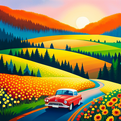 An image capturing the essence of a joyful family road trip: a sun-soaked car journey through rolling hills, with laughter echoing from open windows, as parents and children bond over scenic landscapes, sing-alongs, and shared snacks