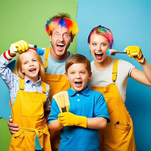 An image featuring a smiling family of four, dressed in paint-splattered clothes, enthusiastically working together to repaint a room