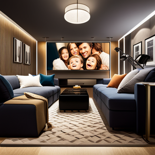 An image showcasing a cozy living room with a large screen TV, surrounded by a family huddled together under a blanket, popcorn bowls in hand, captivated by a movie marathon