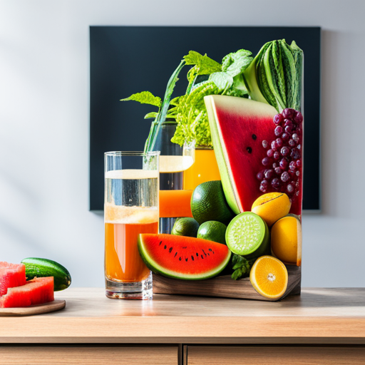 An image of a vibrant, colorful assortment of fruits and vegetables, such as watermelon, cucumber, oranges, and berries, displayed alongside a tall glass of refreshing water, emphasizing the importance of hydration for a strong immune system