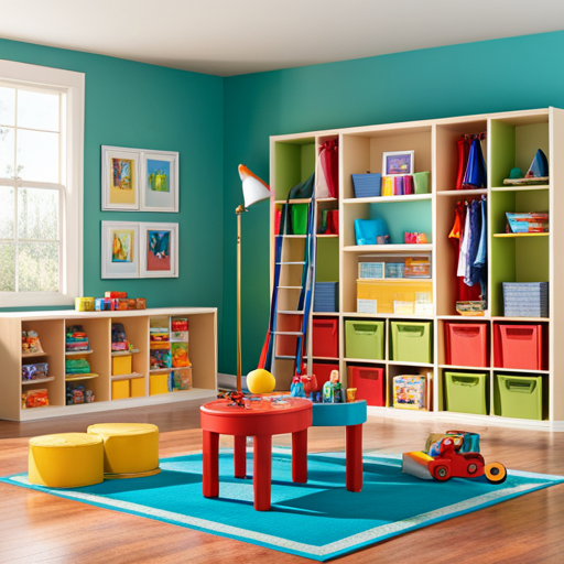 An image of a bright, open playroom, filled with shelves showcasing a variety of art supplies, books, musical instruments, and dress-up outfits, inviting toddlers to explore and engage their imaginations