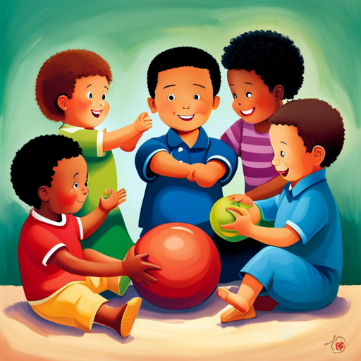 An image showcasing a diverse group of toddlers engaged in cooperative play, smiling and sharing toys