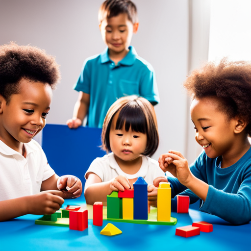 An image showcasing a diverse group of toddlers engaged in hands-on problem-solving activities, such as building blocks, puzzles, and sorting games