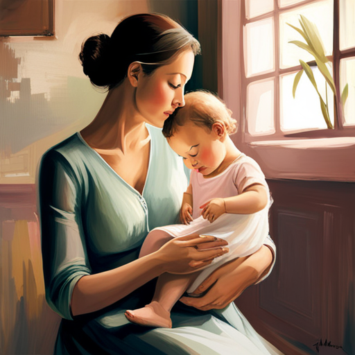 An image showcasing a serene mother and baby, nestled comfortably in a sunlit room