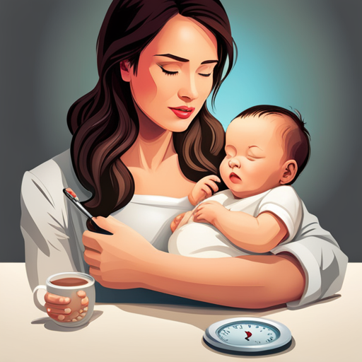 An image of a mother breastfeeding her baby, surrounded by a clock symbolizing time, a scale representing weight gain, a nutritious meal, a glass of water, and a relaxed environment, all emphasizing the factors to consider when deciding how long to breastfeed