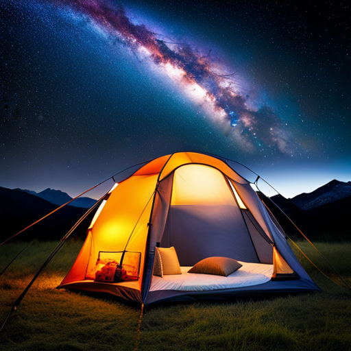 An image showcasing a breathtaking starry night sky as a backdrop, with an array of creatively pitched tents nestled amongst towering trees, showcasing unique setups like suspended hammock tents, teepee-style tents, and cozy transparent bubble tents