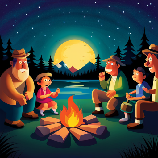 An image capturing the joyous atmosphere of a campsite at dusk, where friends gather around a crackling campfire