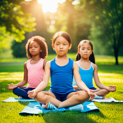 An image depicting a diverse group of children practicing yoga poses amidst a serene nature backdrop