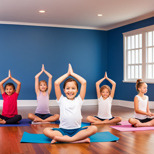 An image showcasing a group of joyful children in a bright, spacious yoga studio, exploring various yoga poses and sequences