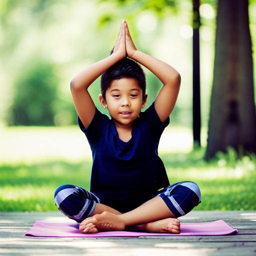 An image capturing a serene moment of children engaged in joyful yoga poses, surrounded by vibrant nature
