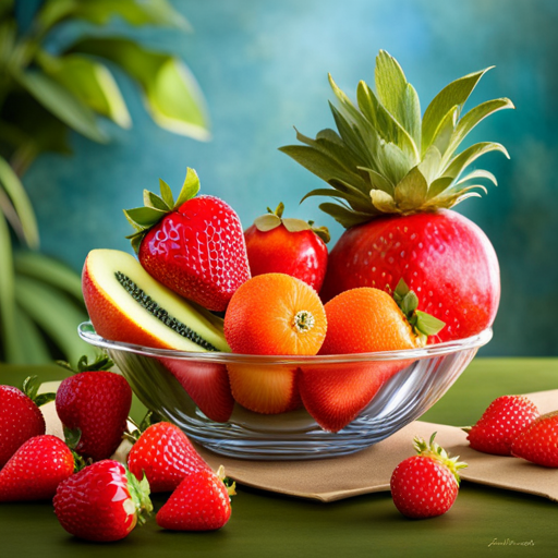 An image showcasing a vibrant, colorful fruit bowl filled with an assortment of fresh strawberries, juicy watermelon slices, crunchy apple wedges, and sweet orange segments, enticing children to choose healthy snacks