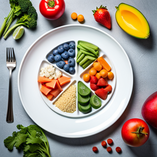 An image showing a colorful, divided plate filled with appropriate portion sizes of fruits, vegetables, grains, and proteins, alongside a smaller plate overloaded with oversized portions, emphasizing the importance of monitoring portion sizes in preventing childhood obesity