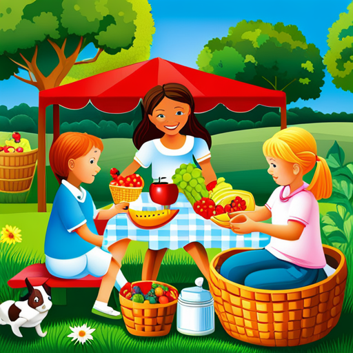 An image showcasing a vibrant, colorful picnic scene, with children happily munching on an array of fresh fruits and vegetables