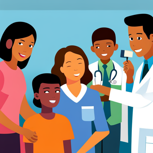 An image that depicts a diverse group of preteen children at a doctor's office, receiving vaccines like Tdap, HPV, and Meningococcal