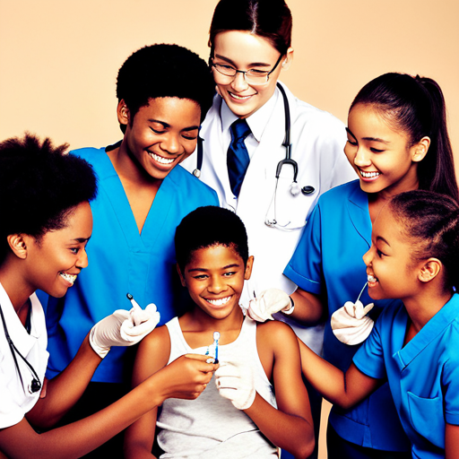 An image showcasing a diverse group of happy, healthy teenagers, each receiving a different vaccination recommended for their age