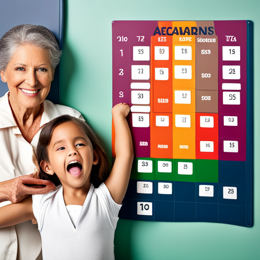 An image showcasing a colorful calendar with age milestones and corresponding vaccine icons, illustrating the catch-up vaccination schedule for older children