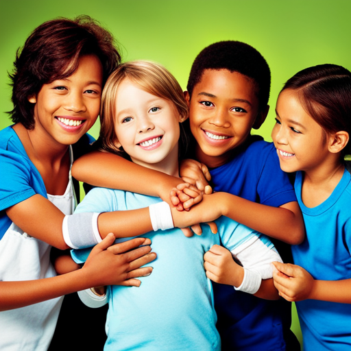 An image showcasing a diverse group of happy, healthy children, each wearing a colorful band-aid on their upper arm, symbolizing the significance of childhood vaccinations in ensuring a protected and thriving future
