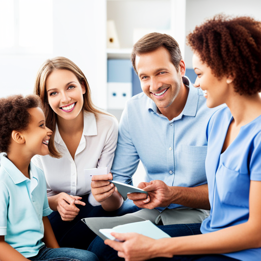An image showcasing a smiling family comfortably discussing payment options with a pediatrician, surrounded by various insurance cards and a clear visual representation of cost transparency