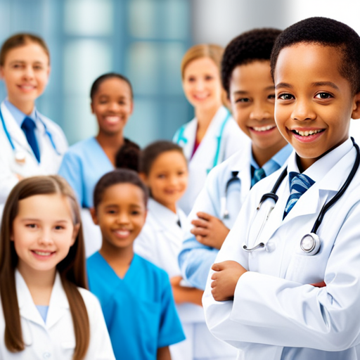An image that showcases a diverse group of smiling children engaged in various activities, while a caring pediatrician wearing a white coat stands in the background with a stethoscope, symbolizing the array of specialties and services offered by pediatricians