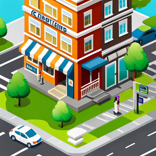 An image showcasing a friendly neighborhood with a colorful pediatrician's office nestled among other essential services, surrounded by safe crosswalks and easily accessible public transportation