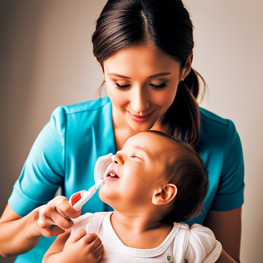 An image that captures the step-by-step process of using saline drops to clear a baby's nose, featuring a close-up shot of a caregiver gently tilting the baby's head back and administering drops into their nostrils