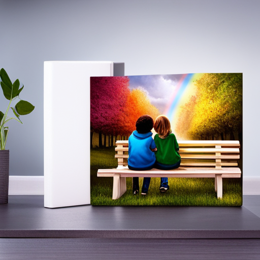 An image of two children sitting side by side on a park bench, one comforting the other with a gentle touch on the shoulder, as they both look out towards a rainbow shining through dark clouds