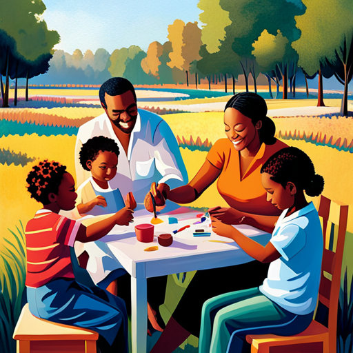An image showcasing a diverse group of parents and children joyfully crafting together, surrounded by colorful art supplies, sharing ideas, and forming connections