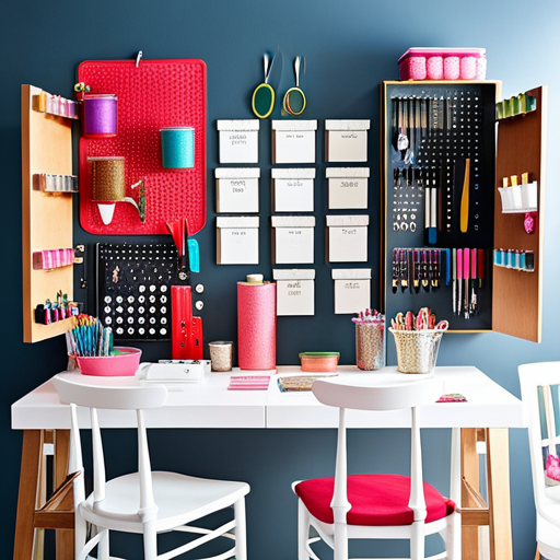 An image showcasing a colorful pegboard wall adorned with neatly hung baskets filled with glitter, paintbrushes, and scissors