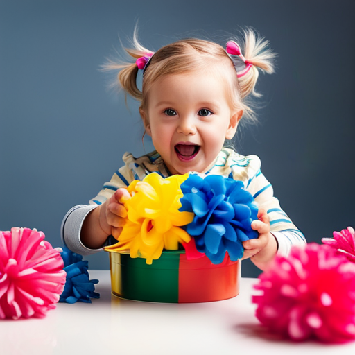 An image capturing the joyous moment of a toddler's hands immersed in a vibrant sensory bin, exploring the textures of colorful pom-poms, silky ribbons, and squishy foam, as their eyes light up with wonder