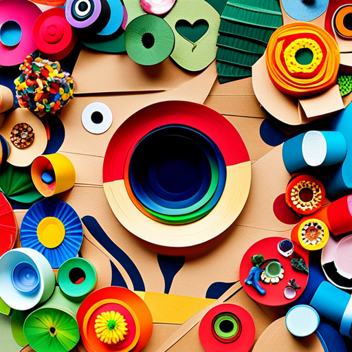 An image showcasing the vibrant world of recycled materials masterpieces crafted by toddlers